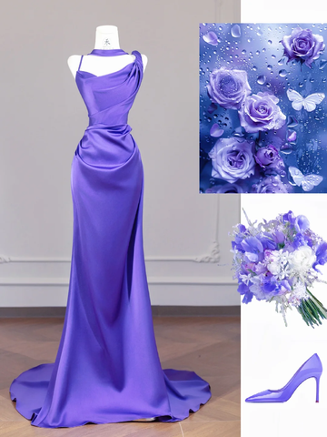 Stunning Purple Mermaid Spaghetti Strap Satin Long Prom Dress Party Dress HZ1023